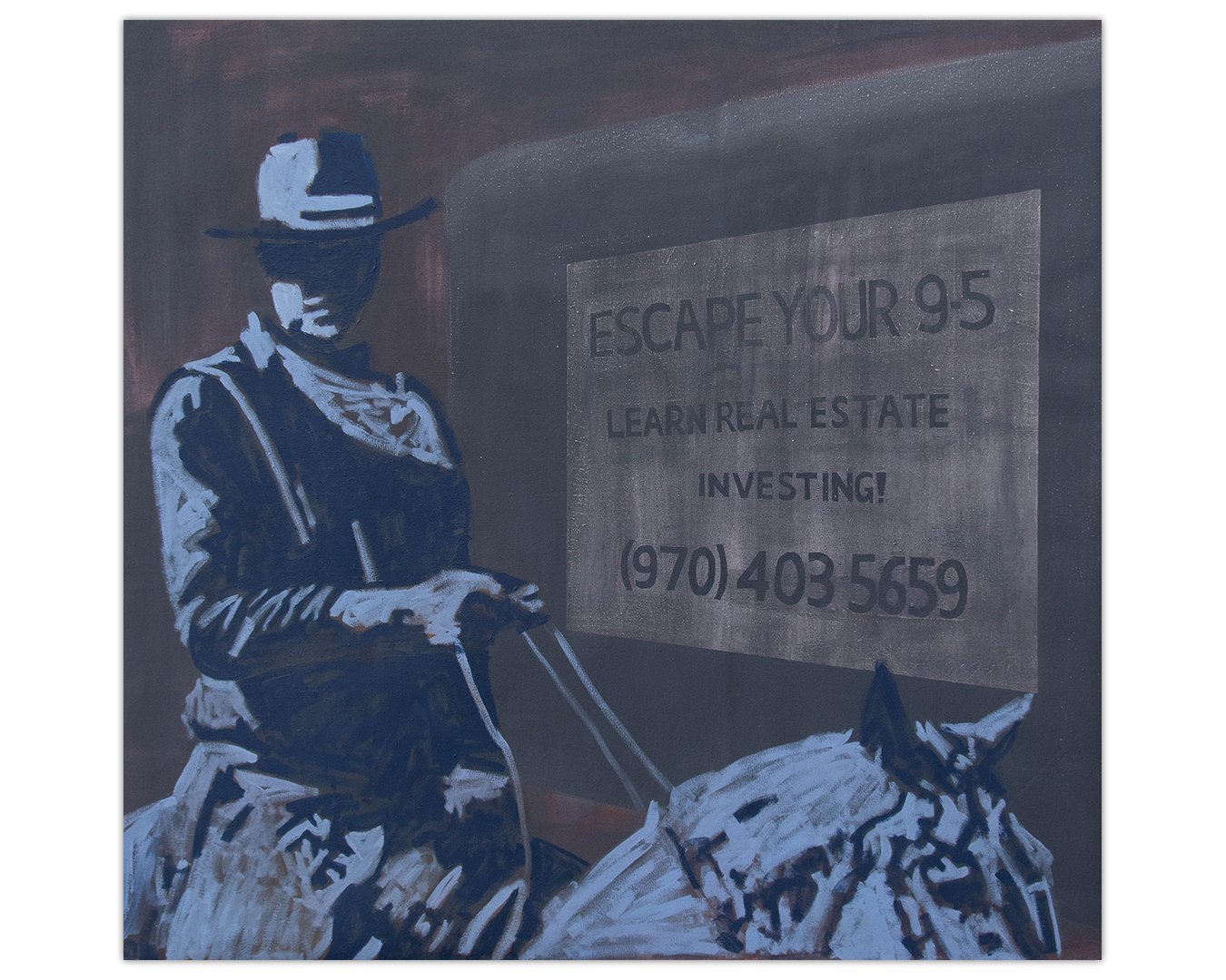 a painting of a cowboy and a sign with text